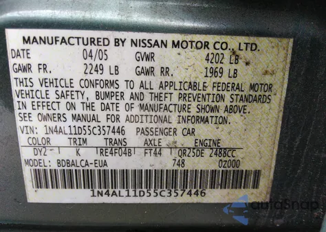 2005 Nissan Altima 2.5 S z USA, uszkodzony, nr VIN 1N4AL11D55C357446